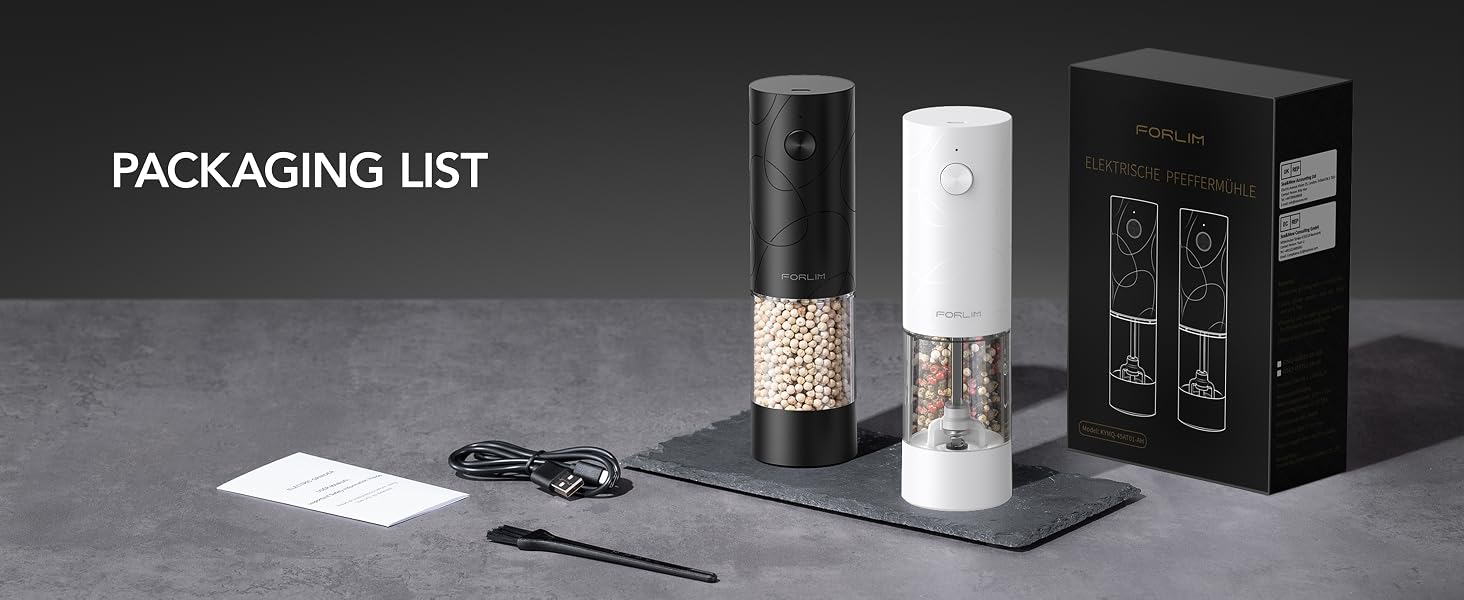 FORLIM grinder set with black and white mills, USB-C cable, cleaning brush, manual, and box