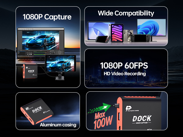1080P capture, Max PD 100W, Aluminum casing, wide compatibility 2-in-1 switch dock & capture card