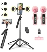 70inch Vlogging Kit,Metal Selfie Stick Tripod for iPhone with Light and Mic | Selfie Stick with R...