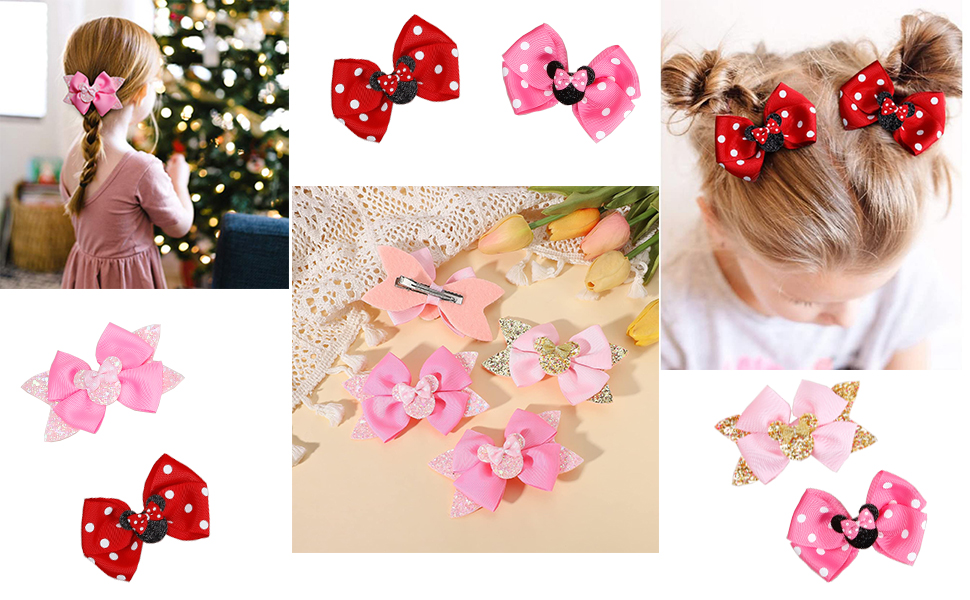 Collage of hair accessories: polka dot bows in red and pink, floral-patterned bows in pink and gold, and images of girls wearing the bows.