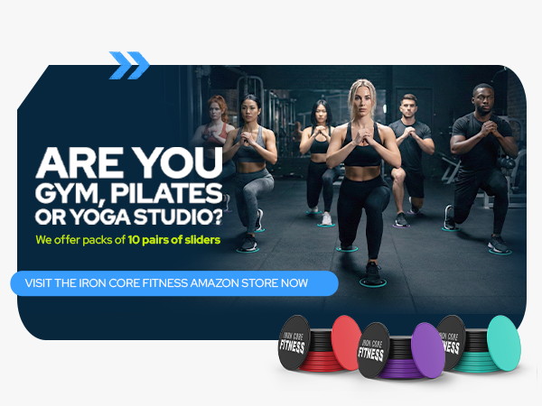 Text reads 'ARE YOU GYM, PILATES OR YOGA STUDIO?' and 'VISIT THE IRON CORE FITNESS STORE NOW'. Group fitness scene with colored exercise equipment displayed below.