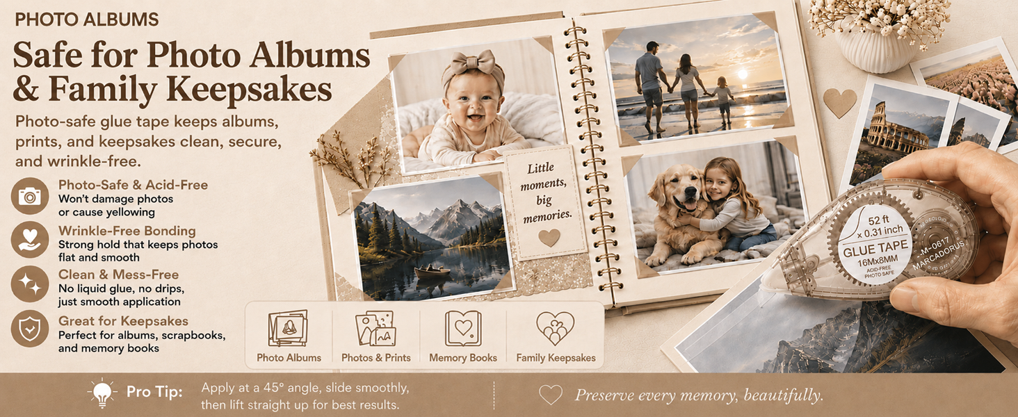 Double sided photo tape securing prints and journaling cards in a wedding memory album