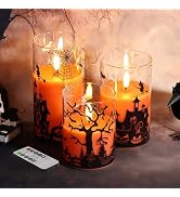 Eywamage Orange Halloween Glass Flameless Candles with Remote, Real Wax Flickering LED Pillar Can...