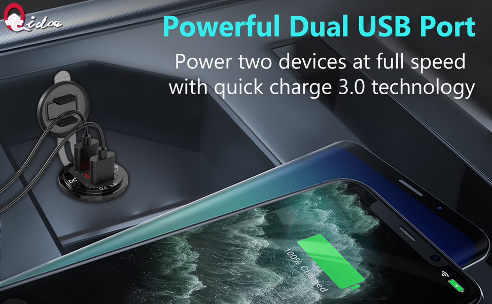 Quick Charge 3.0 Dual USB Car Charger, Aluminum Socket LED Digital Voltmeter Switch Power Outlet