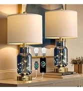 Oneach 22" Glass Table Lamps Set of 2, Blue Modern Bedside Lamp with LED Night Light for Living R...