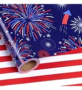 LeZakaa Reversible 4th of July Wrapping Paper Roll, Colorful Fireworks in Navy Blue & Red White P...
