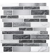 Peel-and-stick wall tiles with a gray, white, and black marble-like pattern. Rectangular tiles of varying sizes create a modern brick layout design.