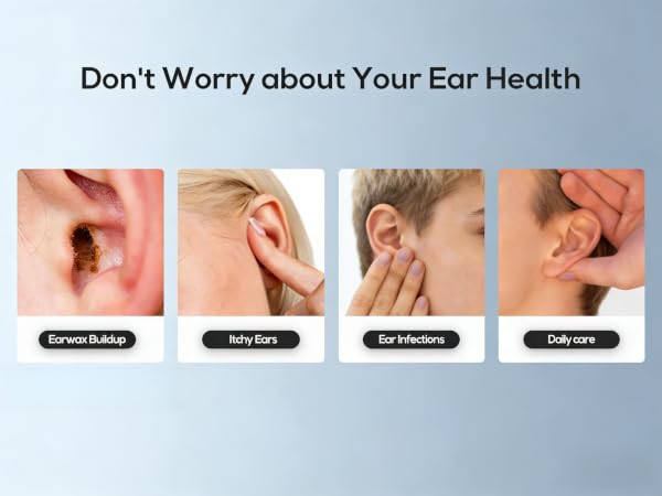 Text reads 'Don't Worry about Your Ear Health' at top. Four medical images of ears with labels: 'Sample to test', 'Can turn', 'Ear Hygiene', and 'Stay wear'.