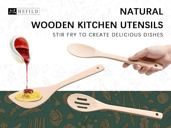 Wooden Spoons for Cooking,Wooden Utensil Set Includes Slotted Spoon,Spoon&Wooden Spatula for Cooking