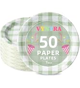 Vyntra Sage Green Gingham 7 Inch Round Paper Plates, 50 Count Heavy Duty Microwave Safe Disposabl...
