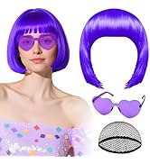 PLULON Dark Purple Bob Wig with Heart Sunglasses and Hair Cap for Women, Short Bob Wigs Synthetic...
