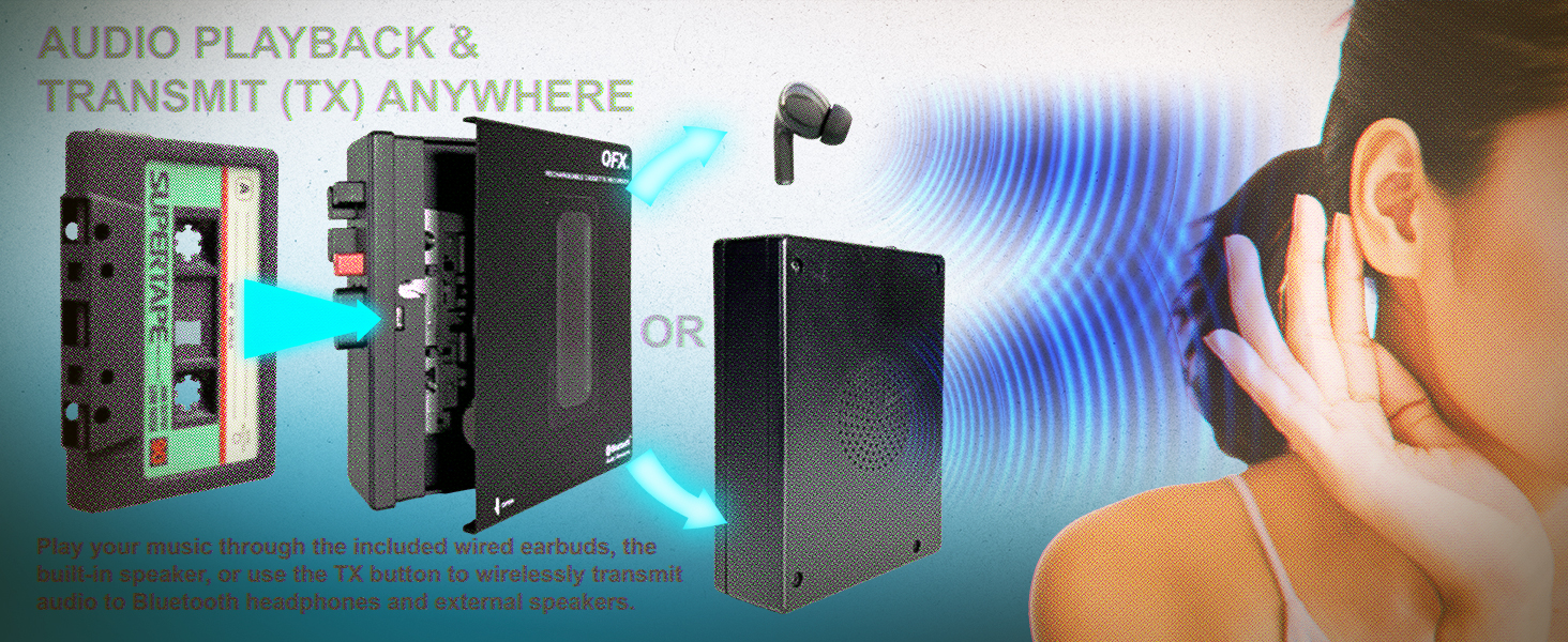 cassette player, plays your music through the built-in speaker or included earbuds.