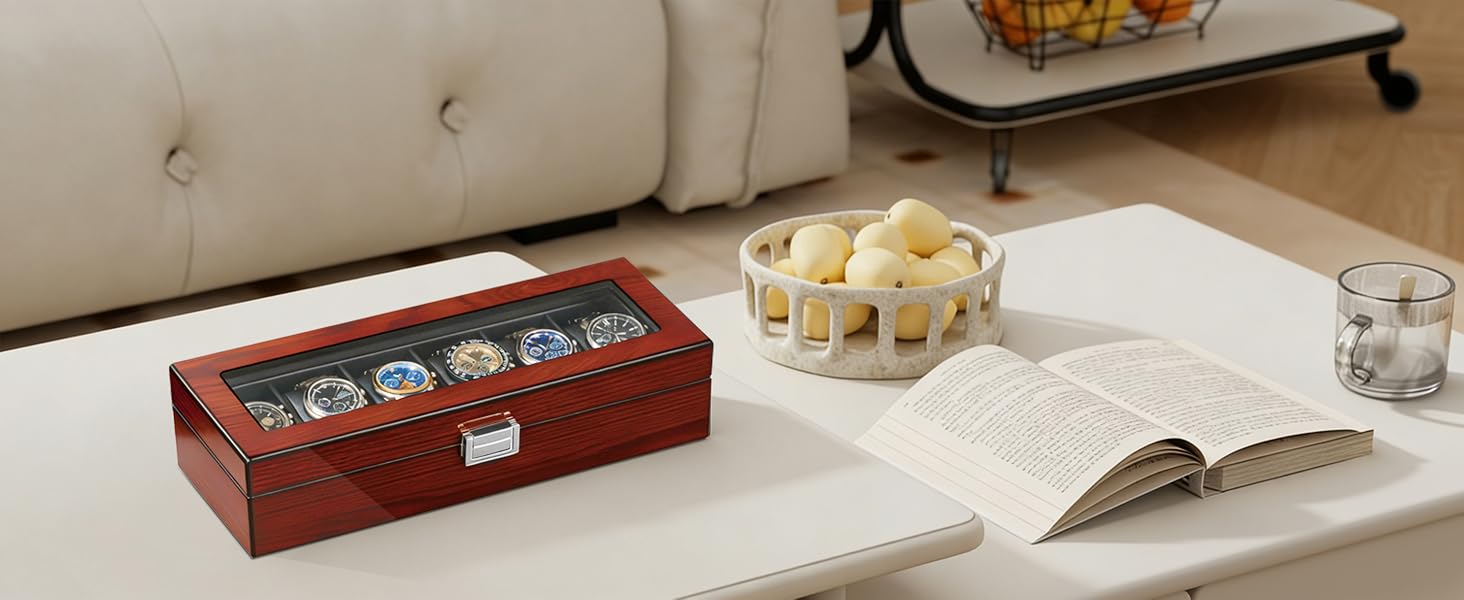 BEWISHOME Watch Box, 6 Slot Mens Watch Case, Watch Storage Organizer for Men, Watch Display Case