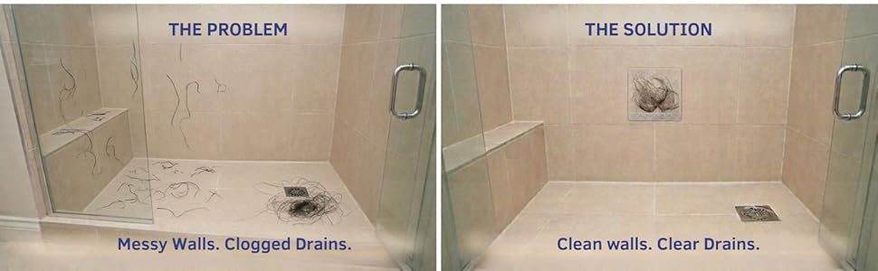 Comparison showing clogged shower drain versus HairStixies adhesive pad collecting hair drains clear