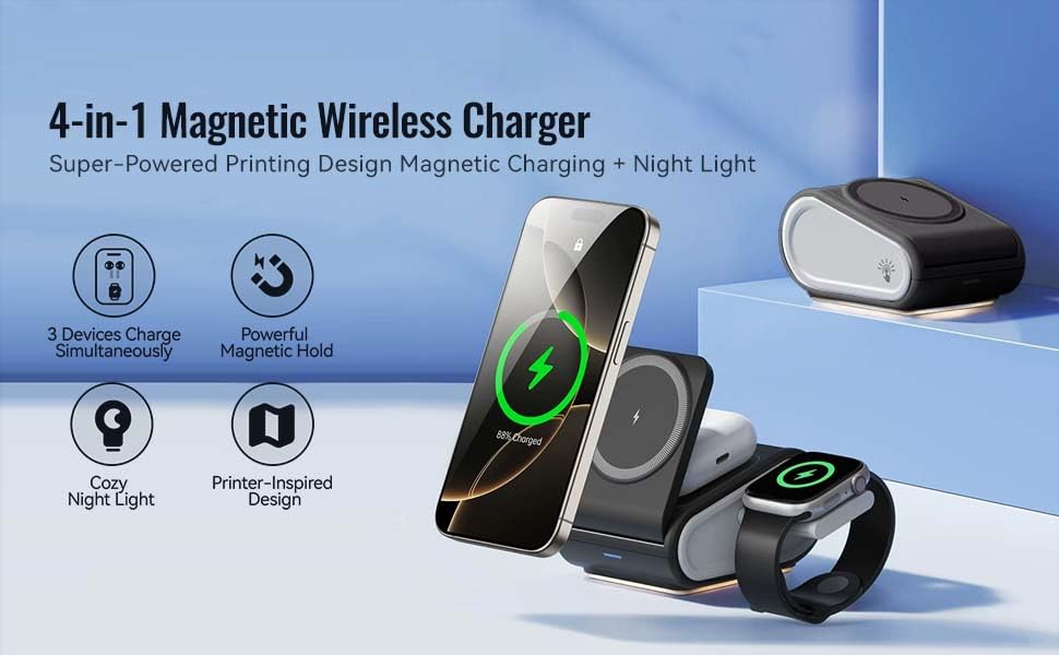 4-in-1 Magnetic Wireless Charging Station with Night Light - 15W Fast Charger for iPhone 15/14/13,