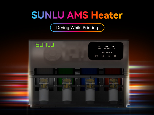 Text reads 'SUNLU AMS Heater'. Product photo showing a black cylindrical device with digital display against dark background with colored light effects.