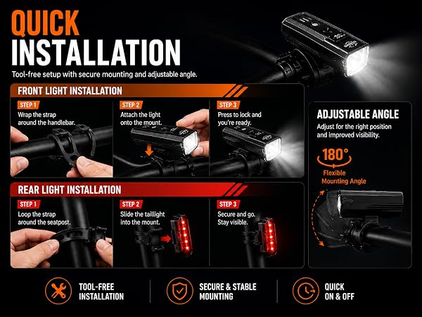 Tool-free quick install bike light set with 180° adjustable mounting angle