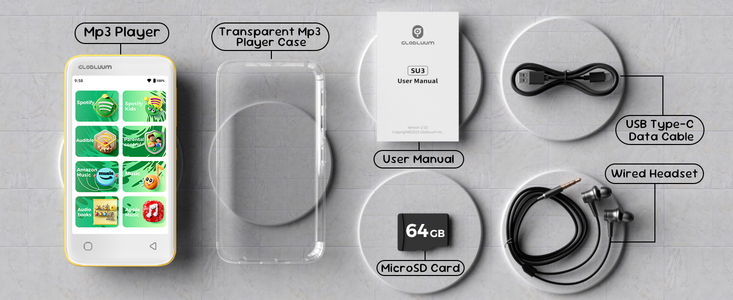 Box contents: MP3 player, clear case, user manual, USB-C data cable, wired headset, MicroSD card.
