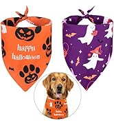 2 Pack Halloween Dog Bandanas - Reversible Halloween Pet Bandanas Dog Paws Witch Ghost Bat, Purpl...