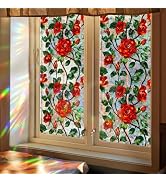 Bloss Stained Glass Windows Film,3D Red Rose Valentines Window Clings,Flower Rainbow Glass Valent...