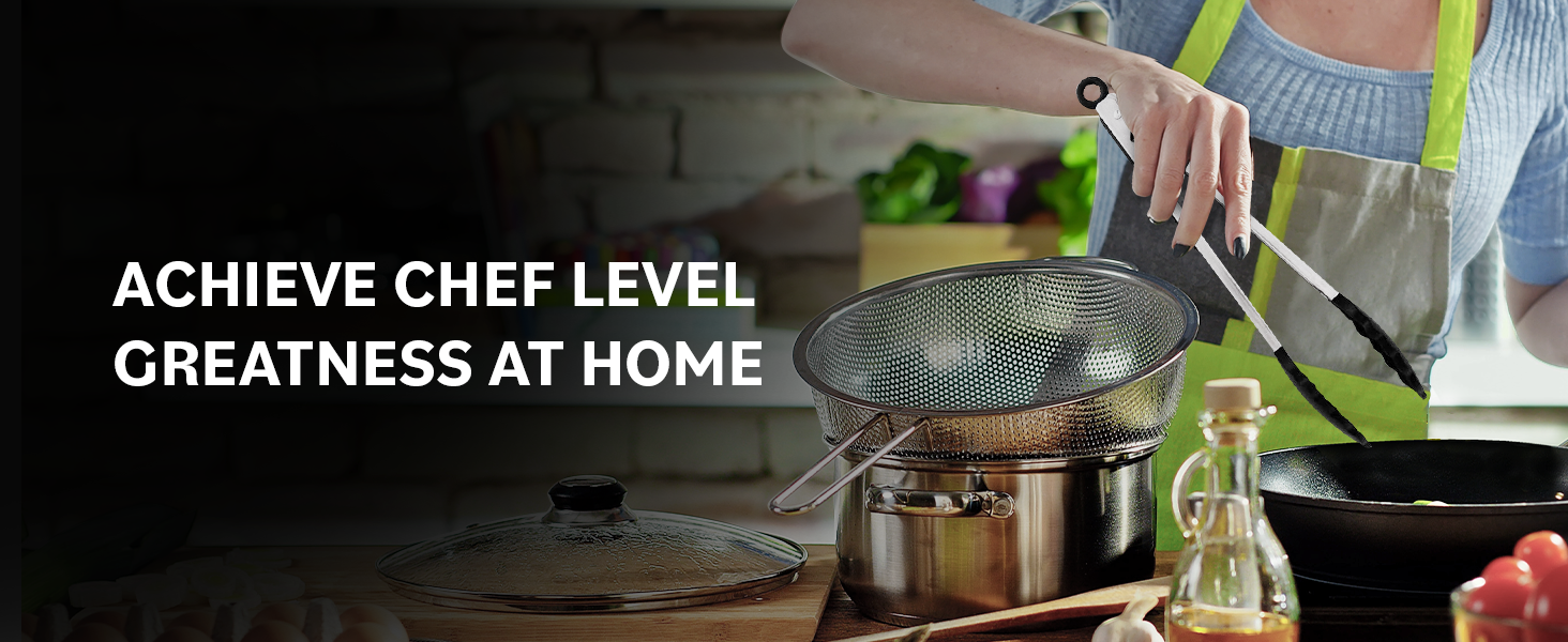 stainless steel kitchen utensils set being used for cooking