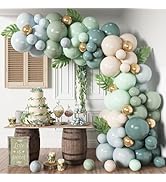 HILAVO Dusty Blue Sage Green Balloon Arch Kit Slate Blue Pastel Green White Sand Gold Balloons Ga...
