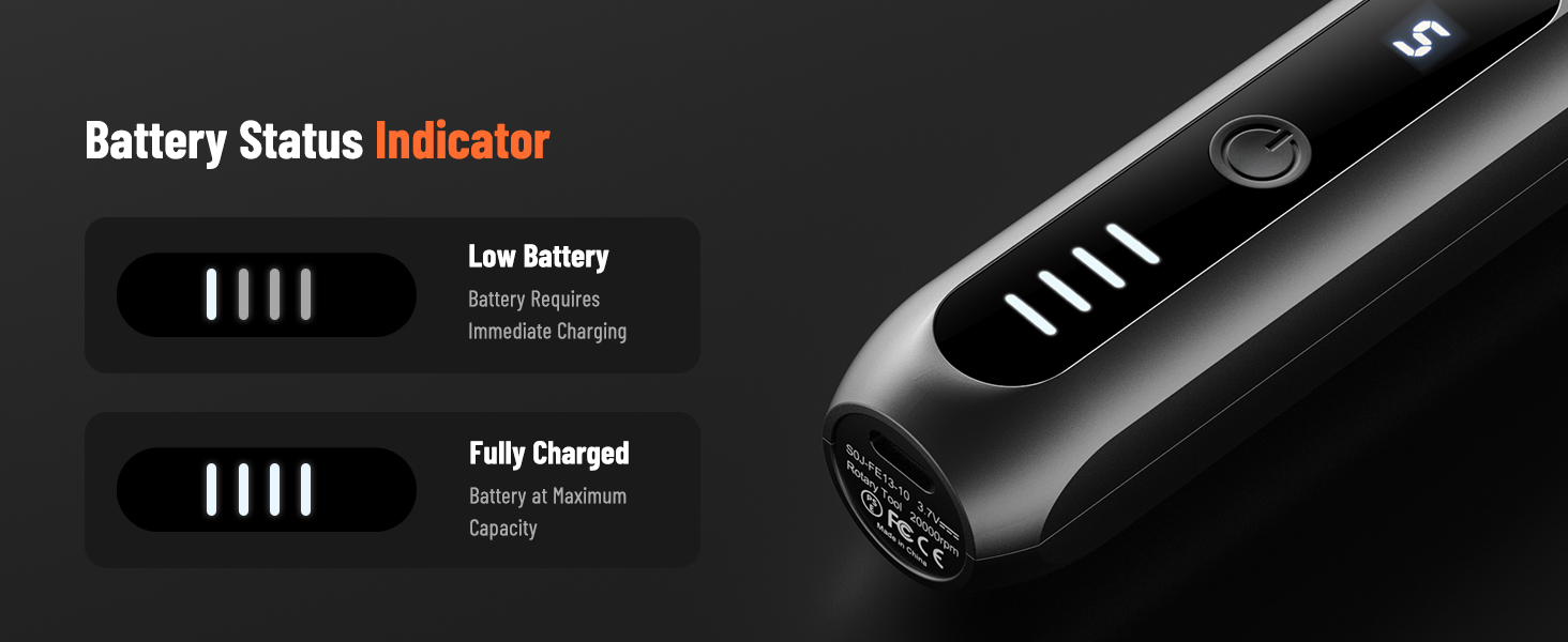 The tool has clear battery indicator, displaying power level for convenient charging status checking