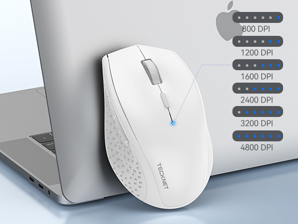 White wireless computer mouse next to laptop, with DPI settings displayed ranging from 800 to 4800 DPI in a side panel.