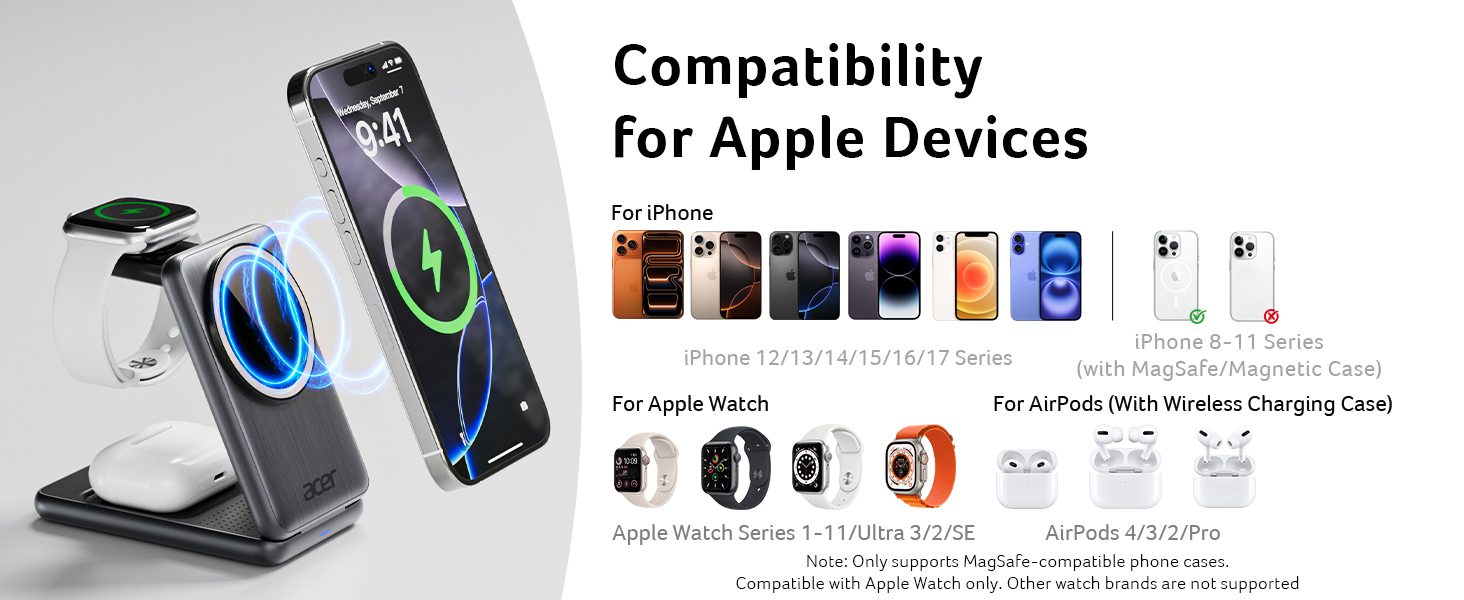Acer Magnetic Wireless Charger, 3 in 1 Wireless Charging Station
