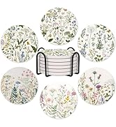 6Pcs Floral Coasters with Holder, Elegant Wildflowers Ceramic Round Absorbent Coaster Set of 6 fo...
