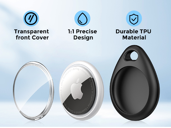 Three Apple AirTag accessories: transparent cover, white circular device with Apple logo, and black teardrop-shaped case. Icons highlight transparent front, precise design, and durable TPU material.