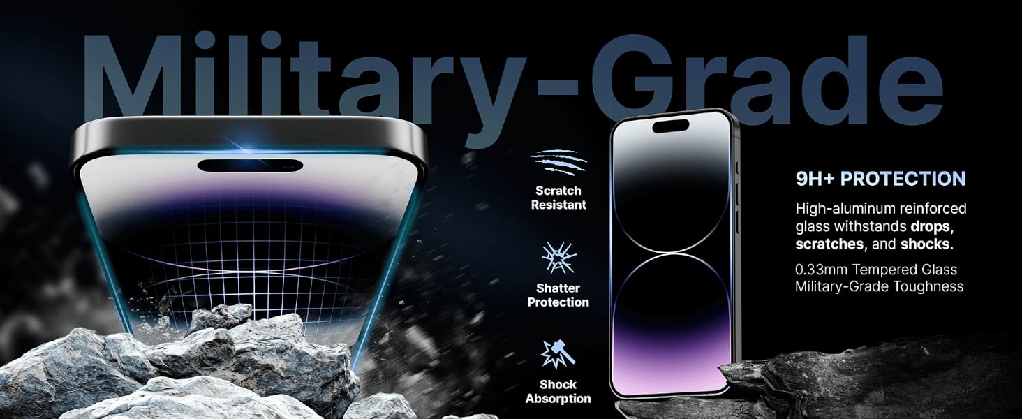 iPhone17 tempered glass military grade 9H+ hardness shatterproof impact resistant screen protector