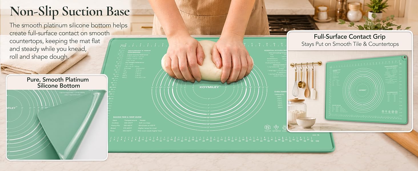 KOYMILEY non-slip suction bottom helps the pastry mat stay put while kneading dough
