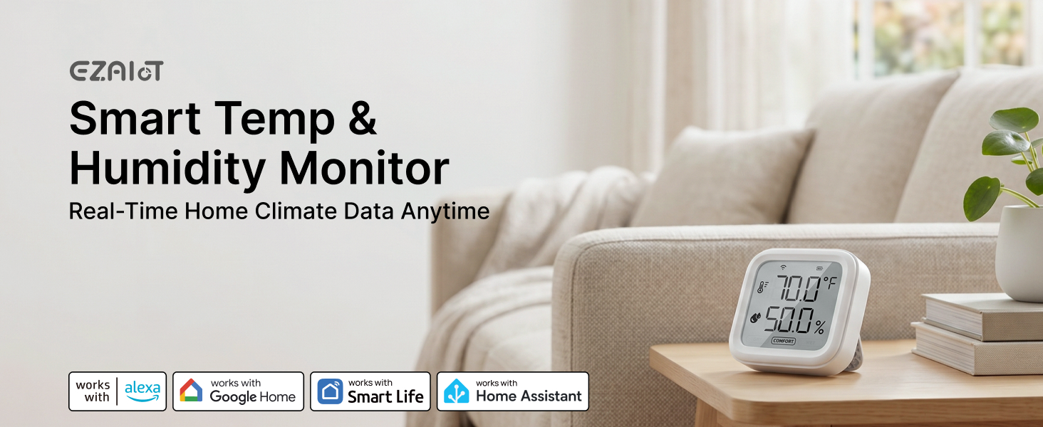 EZAIoT WiFi temperature humidity monitor with LCD display for smart home climate control