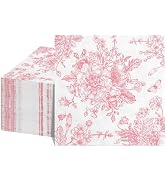 NatNarr 100 Pcs Pink Floral Napkins, Valentines Napkins Pink and White Toile Cocktail Napkins Vin...