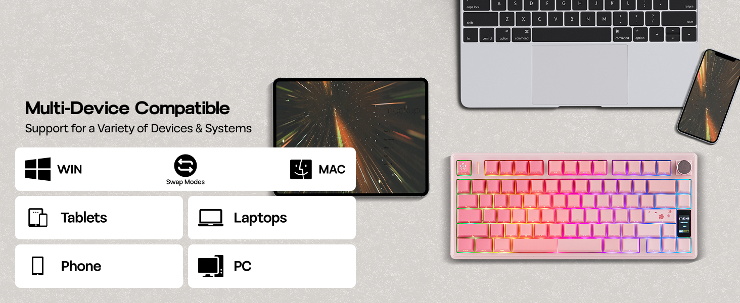 Text reads 'Multi-Device Compatible'. Product interface showing keyboard compatibility across multiple device types with device icons and illuminated keyboard.