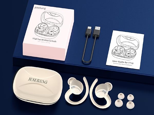 Wireless earbuds set with charging case, USB cable, and multiple sized ear tips displayed on dark blue background with product documentation.