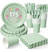 Vyntra 175 Pcs Sage Green Disposable Paper Plates and Napkins Set for 25, 9" Dinner Plates & 7" D...