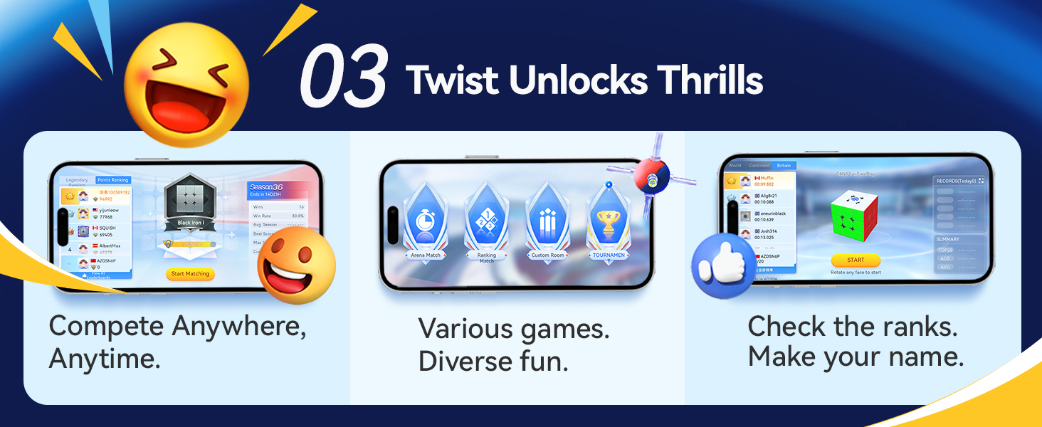 Mobile game interface showcasing three features: 'Compete Anywhere, Anytime', 'Various games: Diverse fun', and 'Check the ranks. Make your name.' Includes colorful icons and emoji-style graphics.