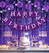 LITAUS, Birthday Decorations, NO DIY - Pack of 16 | Purple Happy Birthday Banner, Honeycomb Balls...