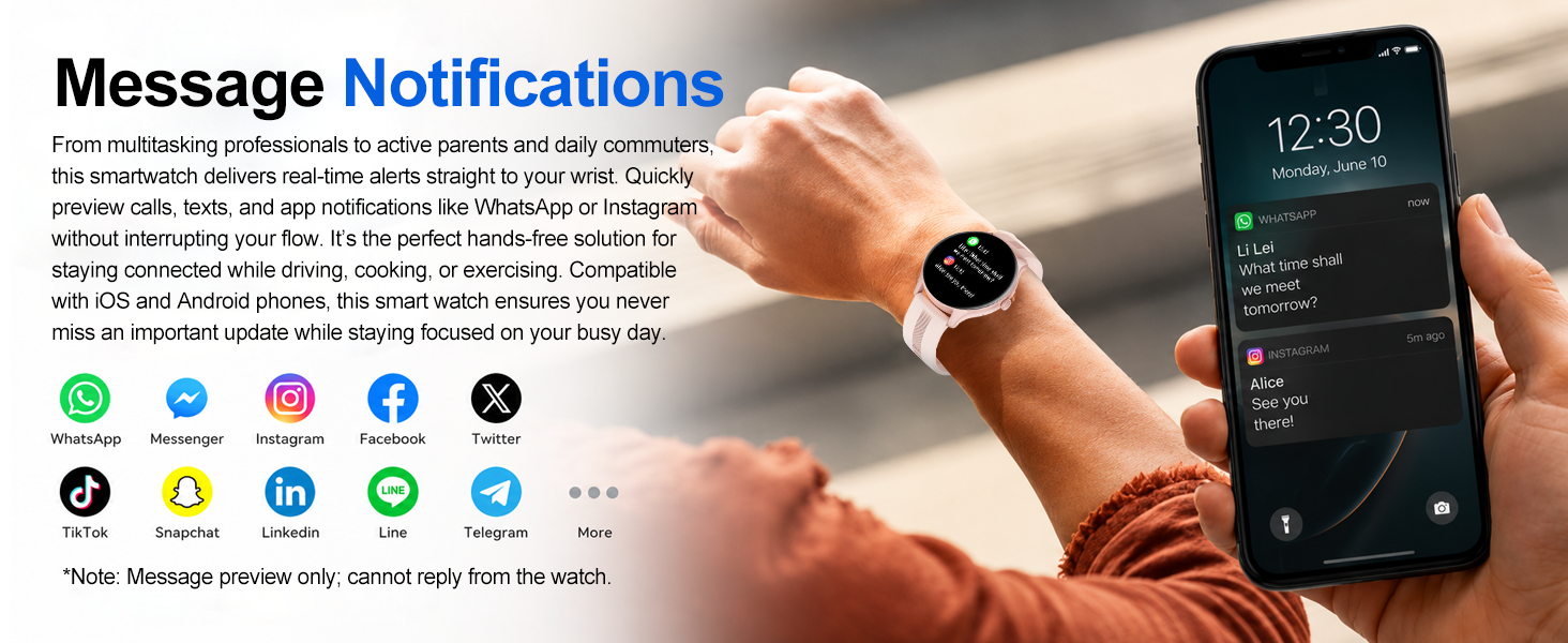 Smartwatch shows message alerts from WhatsApp, Instagram. For busy parents, commuters. Cannot reply.