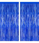 2 PCS Tinsel Backdrop, 3.28 FT x 7.05 FT Dark Blue Backdrop Curtains, Metallic Passover Fringe Cu...