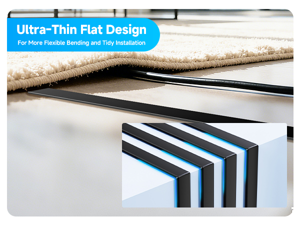 Text reads 'Ultra-Thin Flat Design'. Repeated view of the same flat cable with black and blue striped pattern shown from different angles.