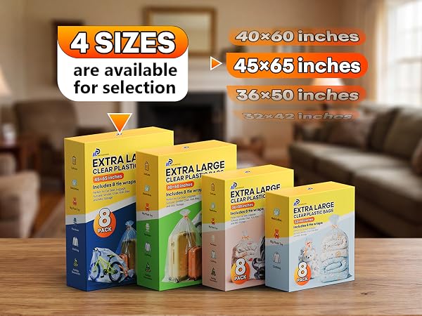 Giant clear plastic bag set: jumbo for attic storage of clothes and couch covers.