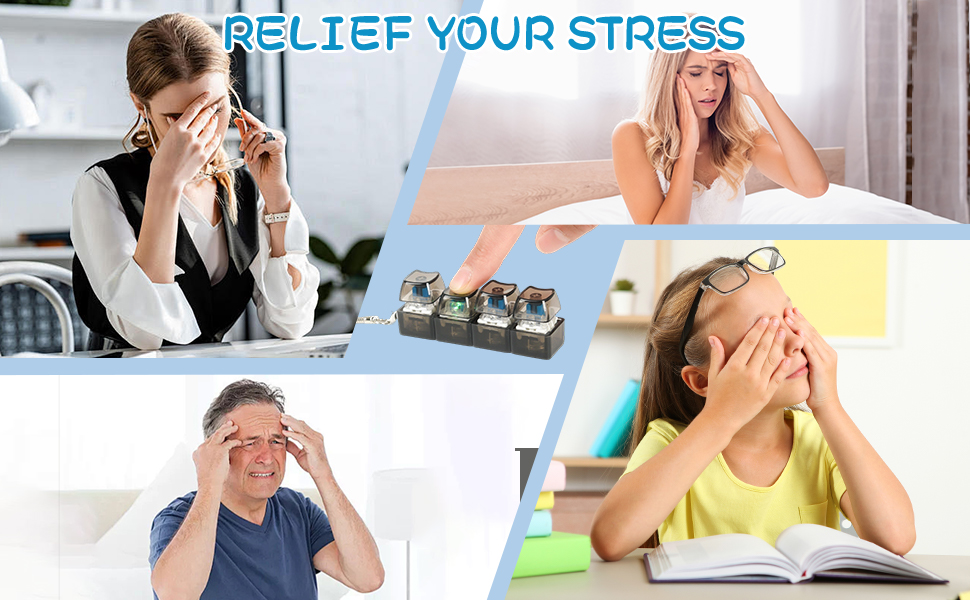 Composite image showing five people in stressful situations, including at work and studying. Text reads 'RELIEF YOUR STRESS' above. Suggests need for stress management solutions.