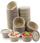 Vmiapxo 100 Sets 2 oz Natural Bagasse Fiber Condiment Cups with Lids, Brown | Disposable Composta...