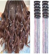Hair Tinsel Pack of 12 Pcs Clip in Hair Tinsel 20 Inch Colorful Glitter Tinsel Hair Extensions Ti...