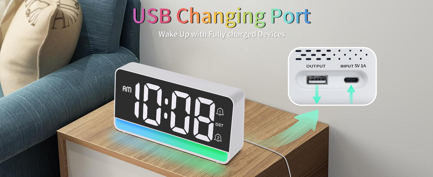 The alarm clock has a USB charging port to power your other devices.