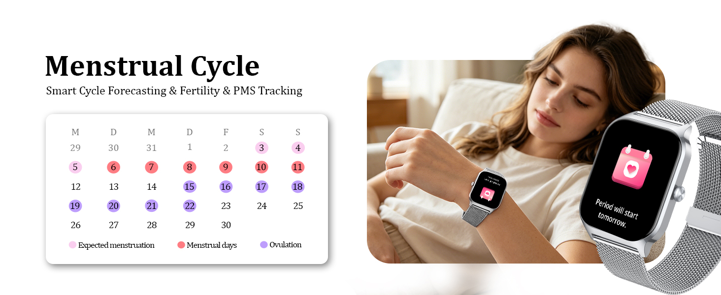 Text reads 'Menstrual Cycle'. Calendar grid tracking menstrual cycle alongside smartwatch displaying health tracking apps on wrist.