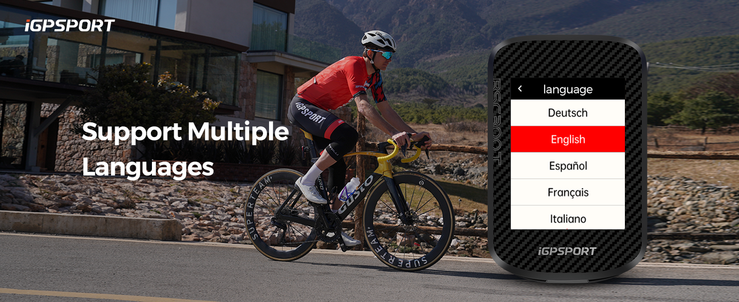 Cyclist on mountain road with mobile app interface showing multiple language options including English, Spanish, and French